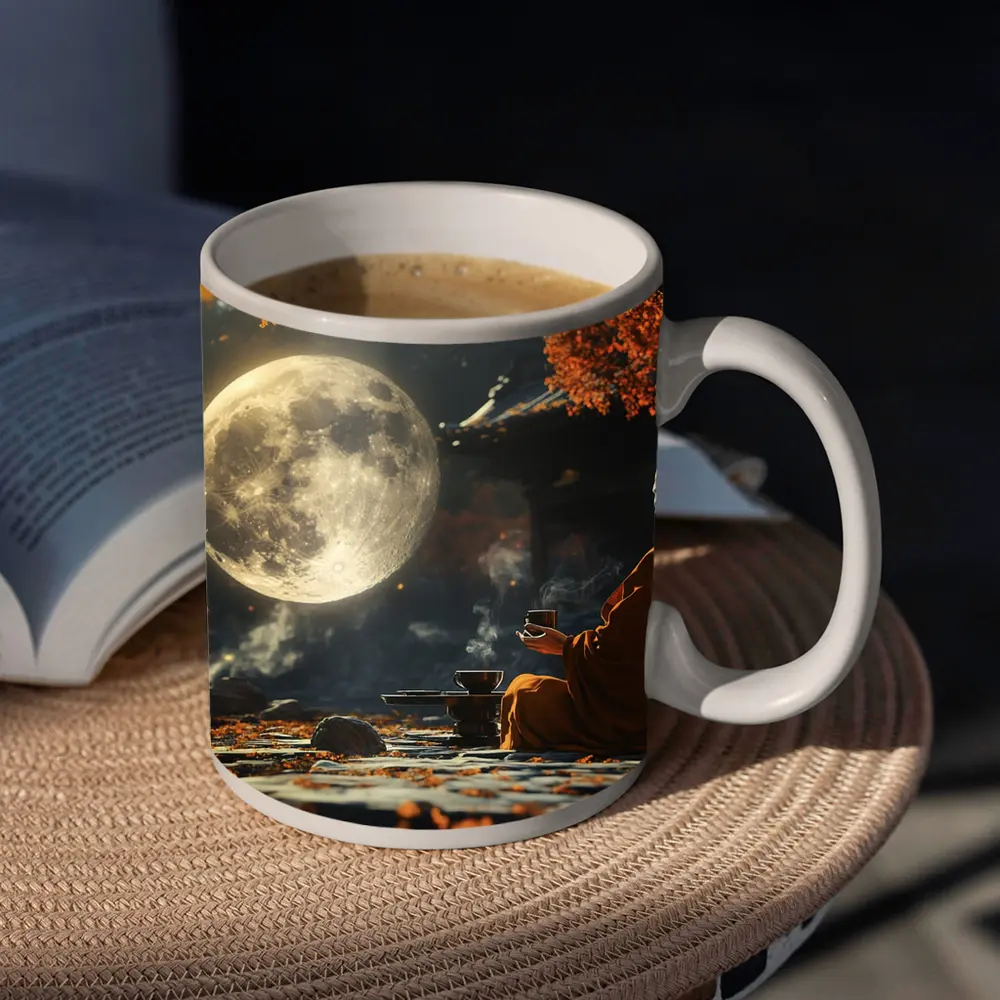 Buddhist Monk Meditating Under Full Moon – Mugs