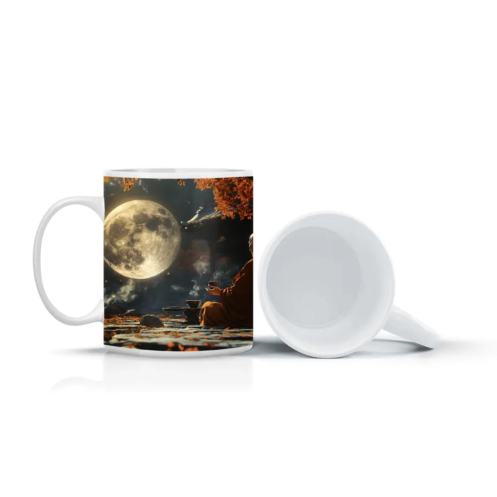 Buddhist Monk Meditating Under Full Moon – Mugs