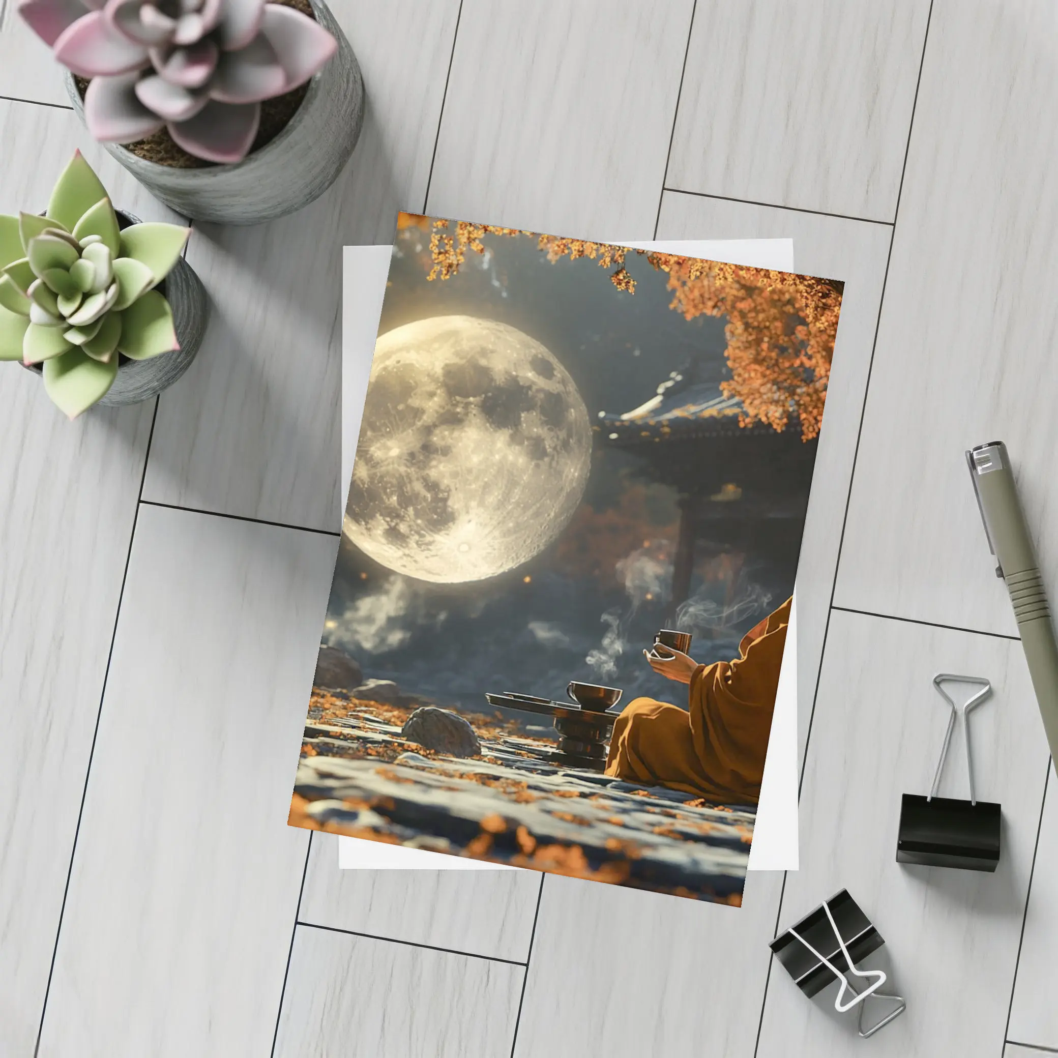 Buddhist Monk Meditating Under Full Moon – Postcards