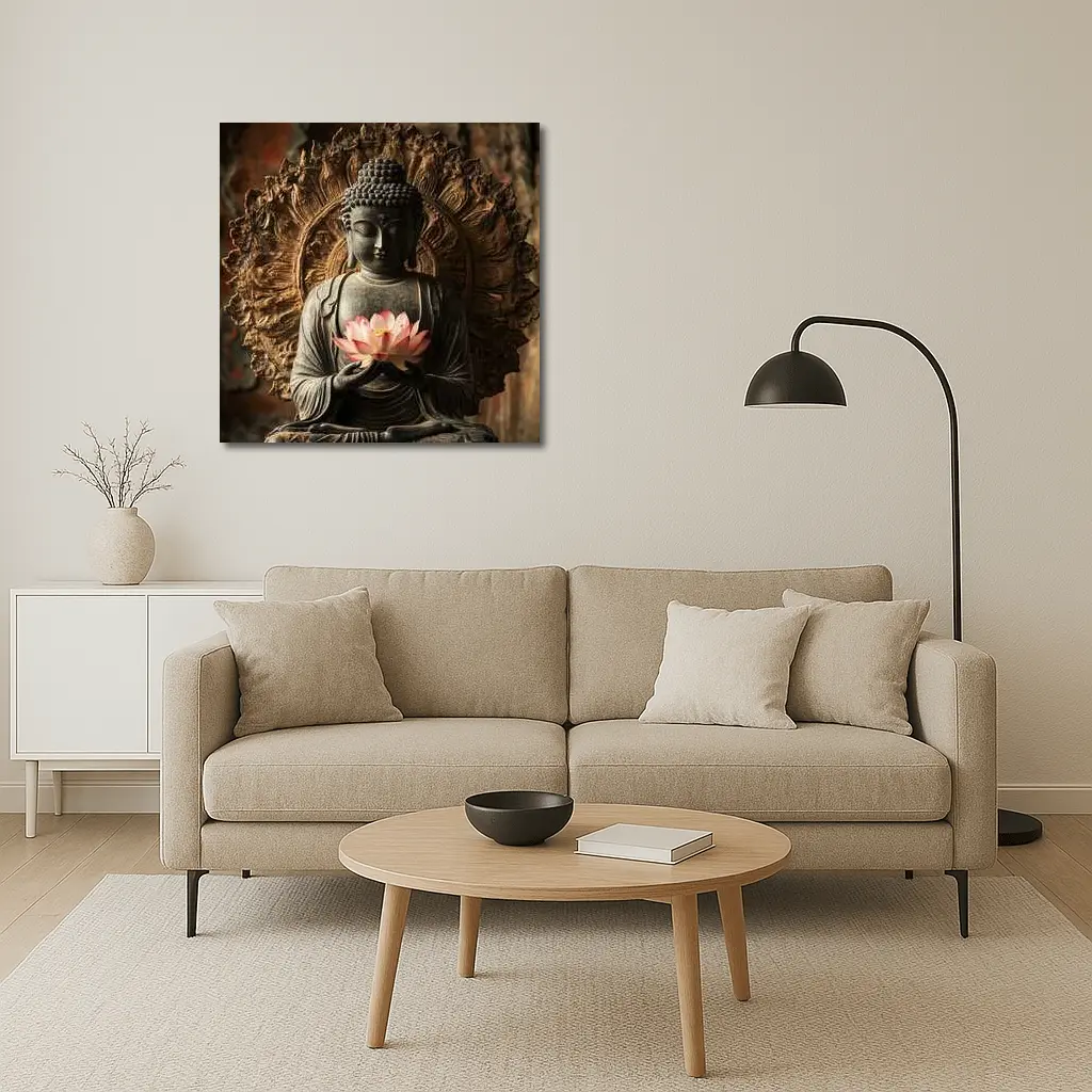 Buddha Statue Holding Pink Lotus Flower – Wall Art