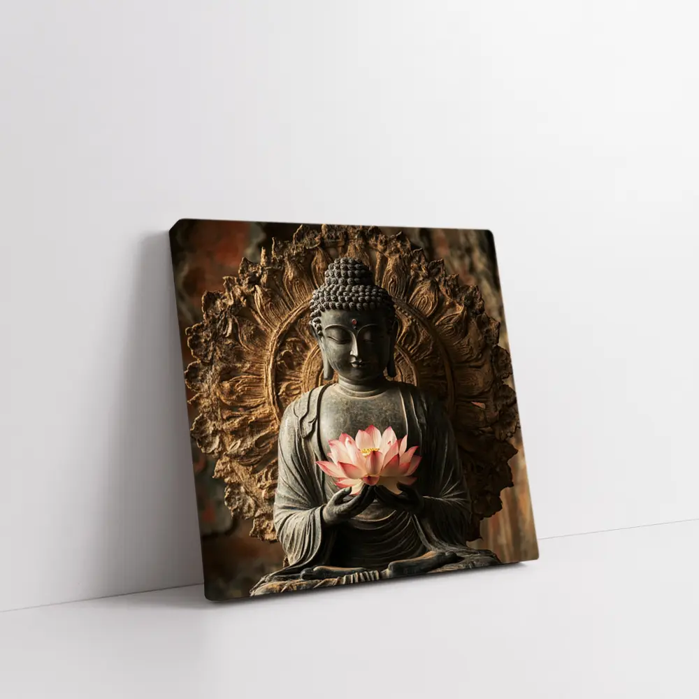 Buddha Statue Holding Pink Lotus Flower – Wall Art