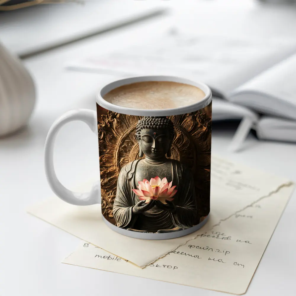 Buddha Statue Holding Pink Lotus Flower – Mugs