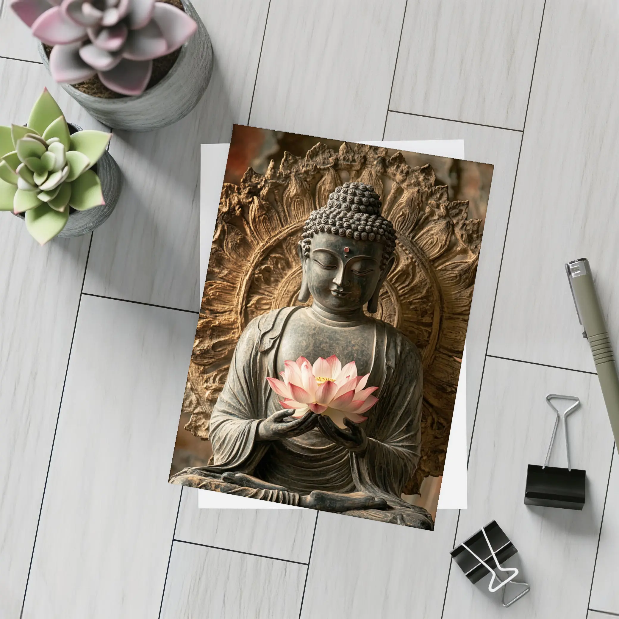 Buddha Statue Holding Pink Lotus Flower – Postcards