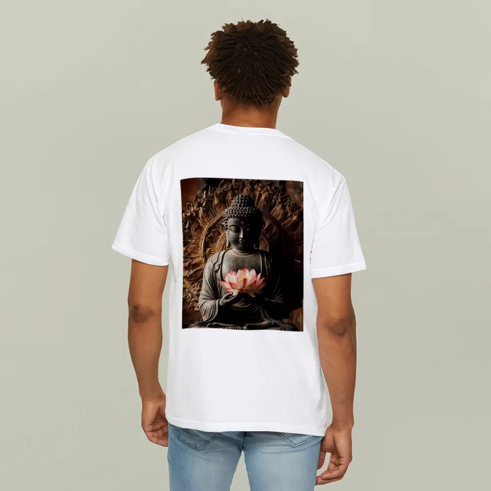Buddha Statue Holding Pink Lotus Flower – T-Shirts