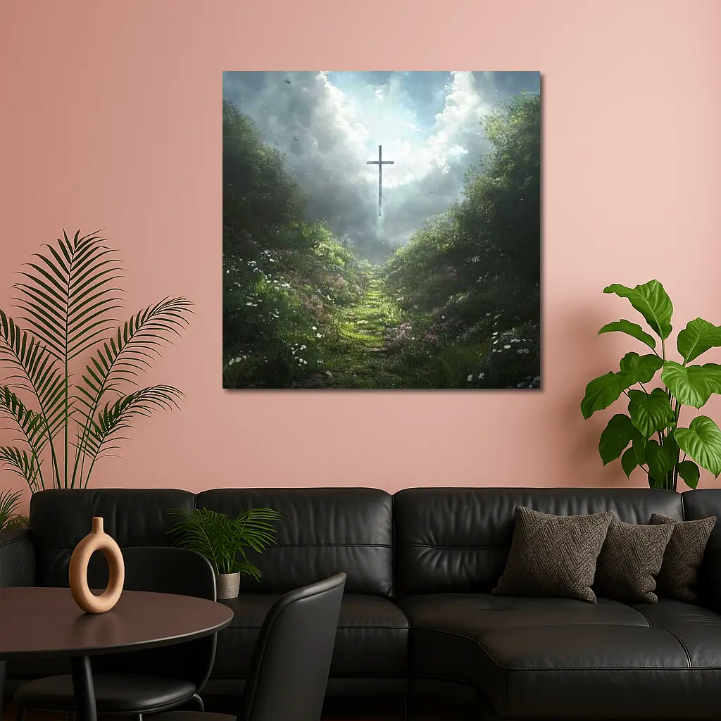 Christian Cross Glowing Above Flower Path – Wall Art