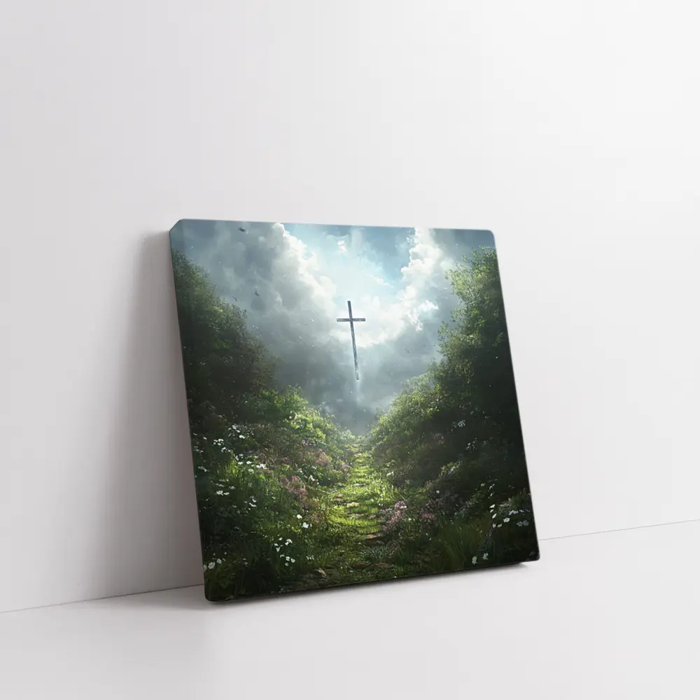 Christian Cross Glowing Above Flower Path – Wall Art