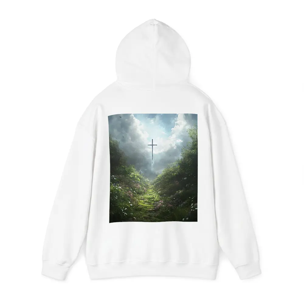 Christian Cross Glowing Above Flower Path – Hoodies