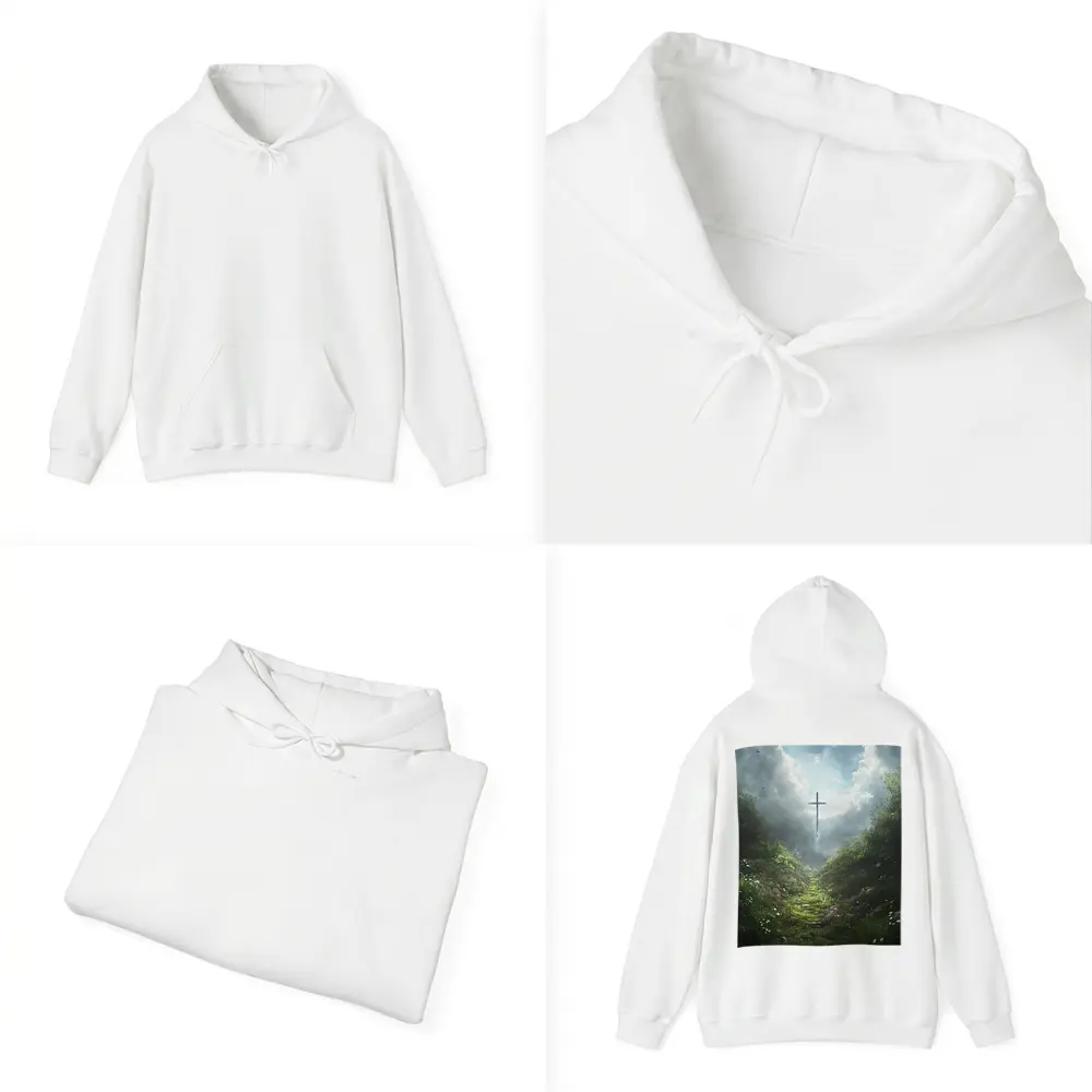 Christian Cross Glowing Above Flower Path – Hoodies