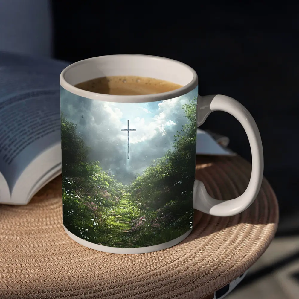 Christian Cross Glowing Above Flower Path – Mugs