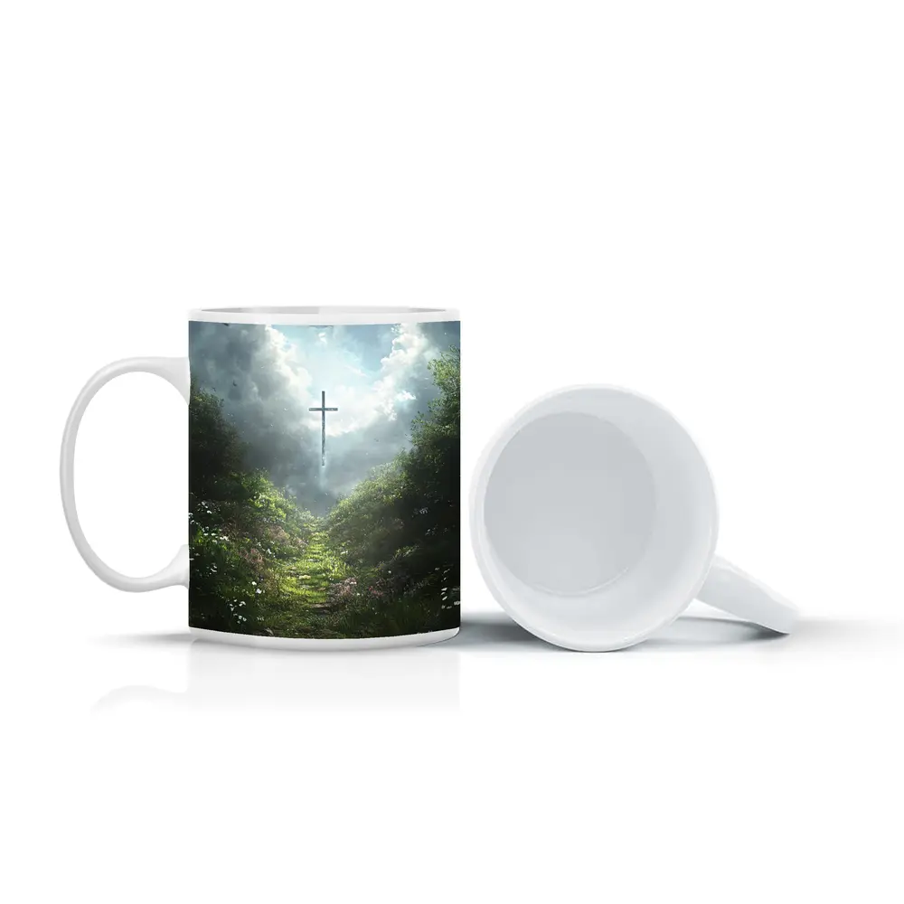 Christian Cross Glowing Above Flower Path – Mugs