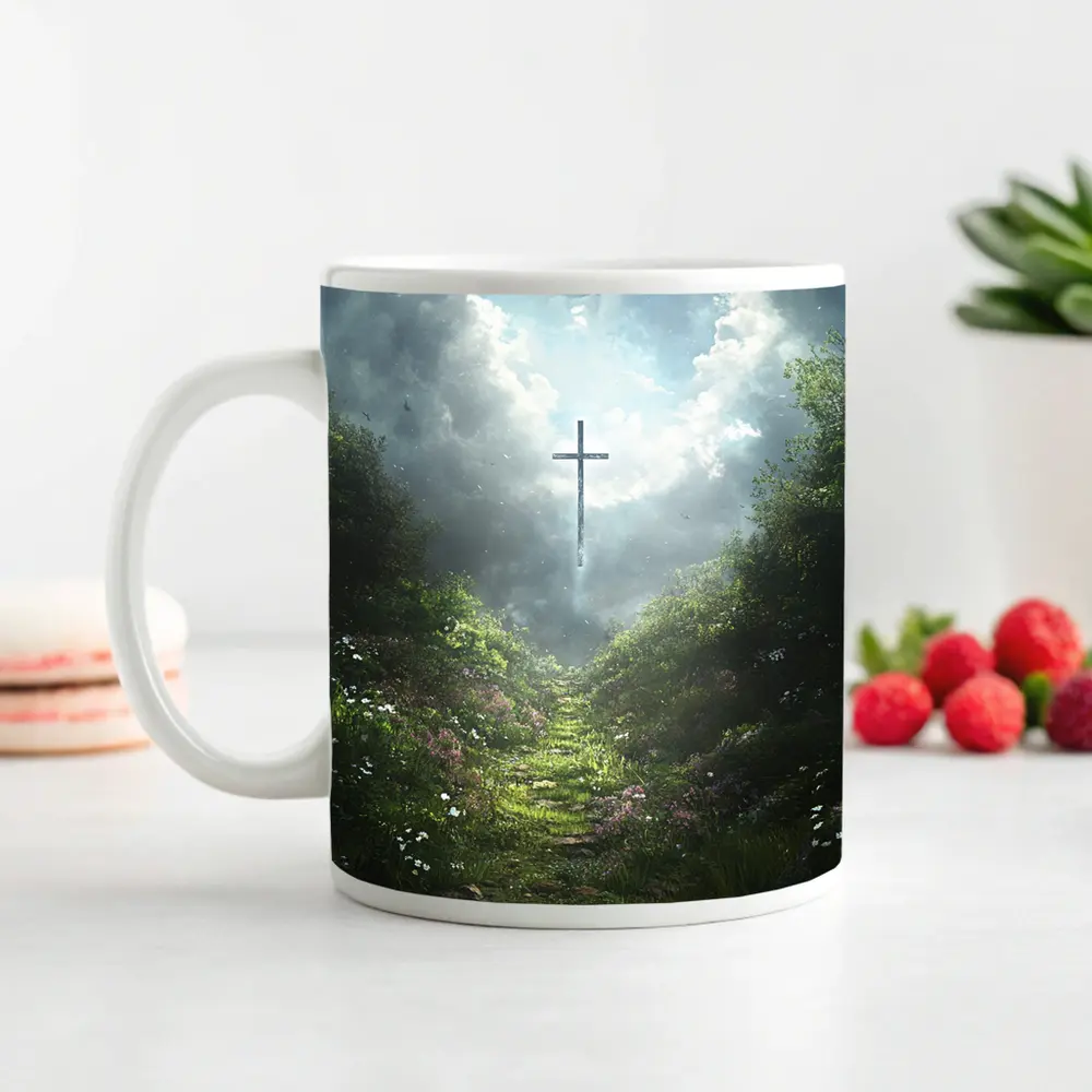 Christian Cross Glowing Above Flower Path – Mugs