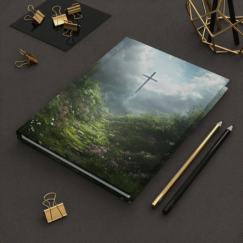 Christian Cross Glowing Above Flower Path – Notebooks