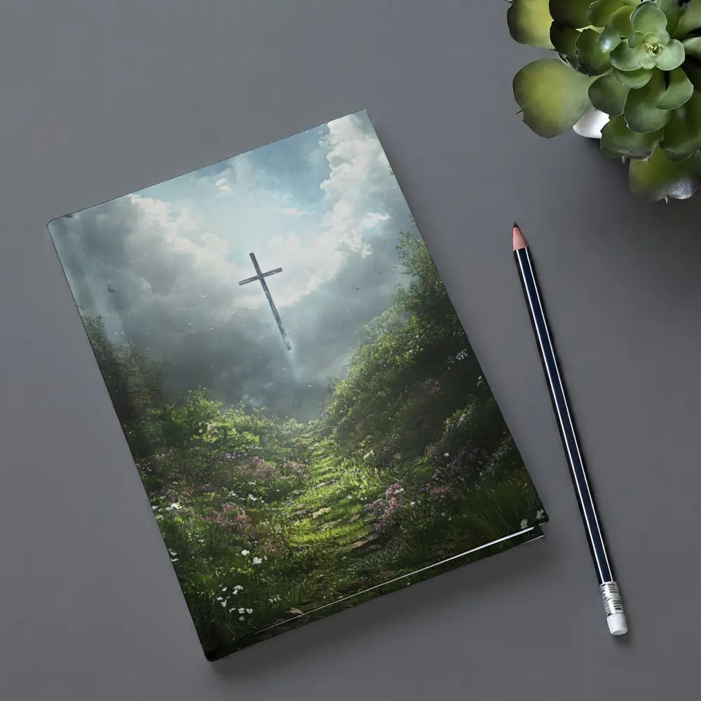 Christian Cross Glowing Above Flower Path – Notebooks