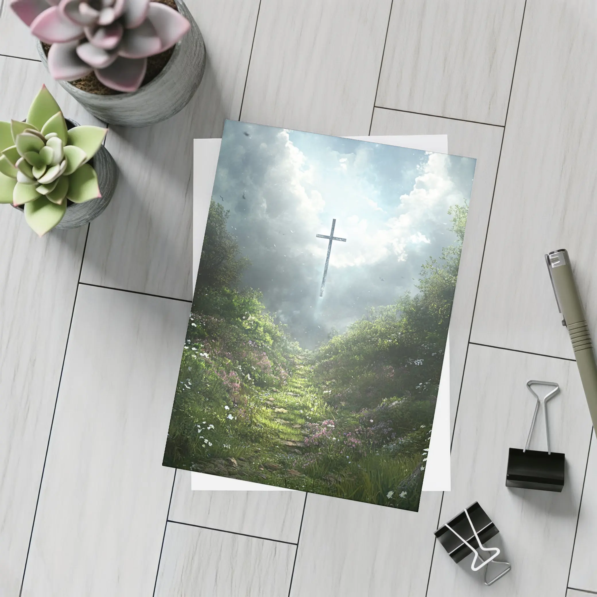 Christian Cross Glowing Above Flower Path – Postcards