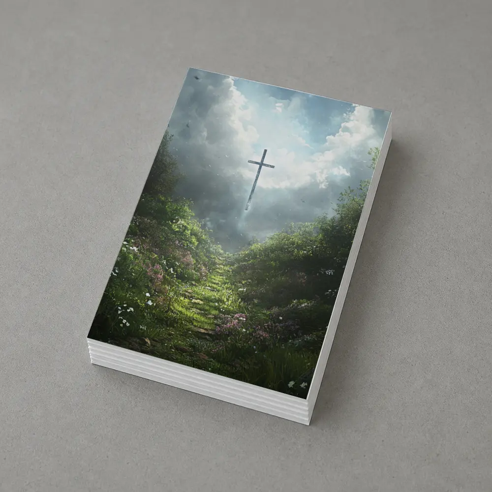 Christian Cross Glowing Above Flower Path – Postcards