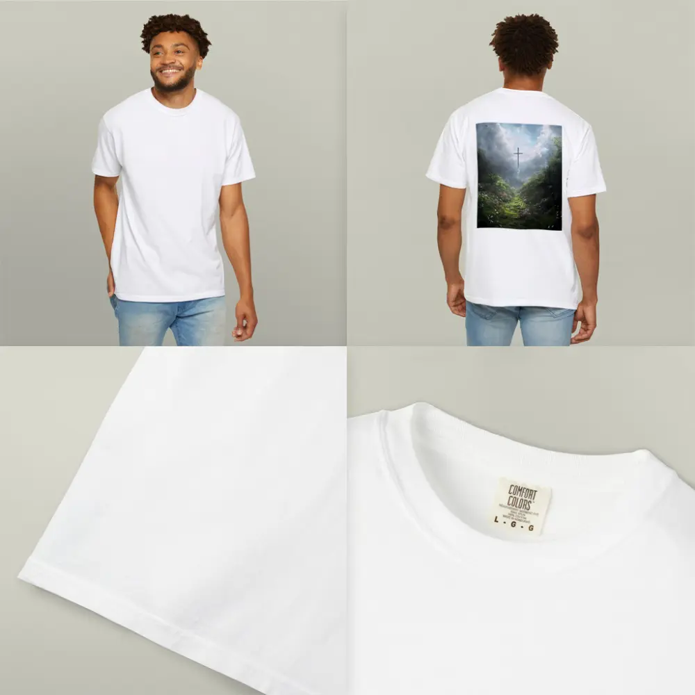 Christian Cross Glowing Above Flower Path – T-Shirts