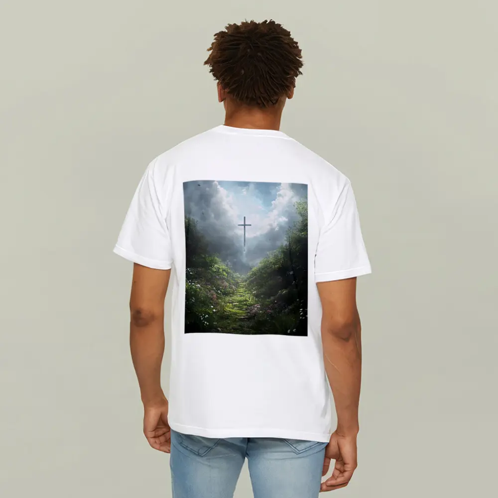 Christian Cross Glowing Above Flower Path – T-Shirts
