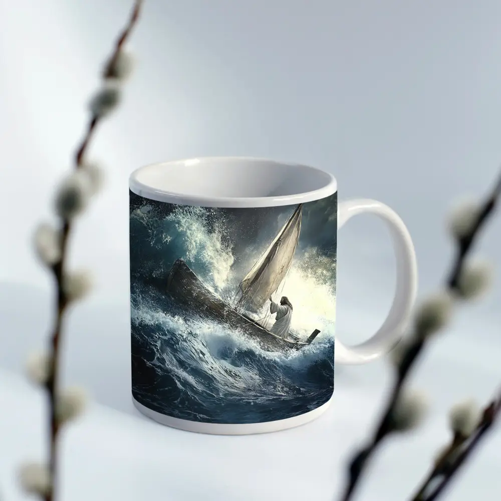 Jesus Standing On Boat Stormy Sea – Mugs