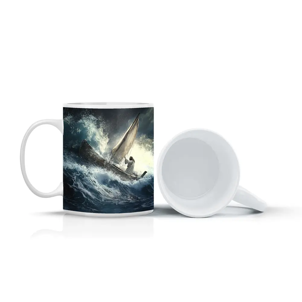 Jesus Standing On Boat Stormy Sea – Mugs