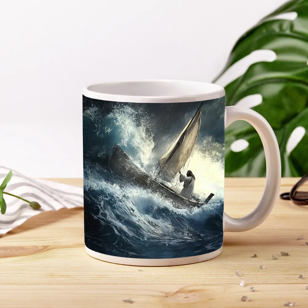 Jesus Standing On Boat Stormy Sea – Mugs