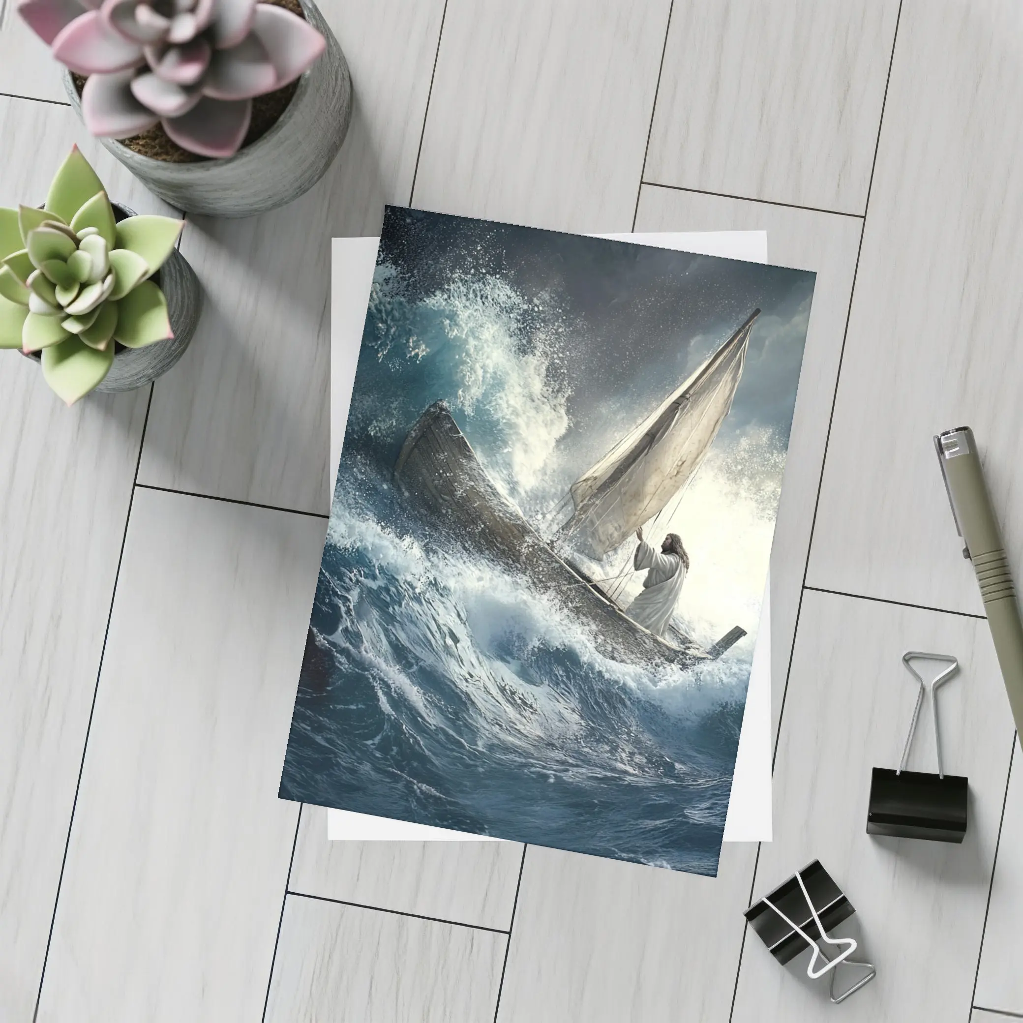Jesus Standing On Boat Stormy Sea – Postcards