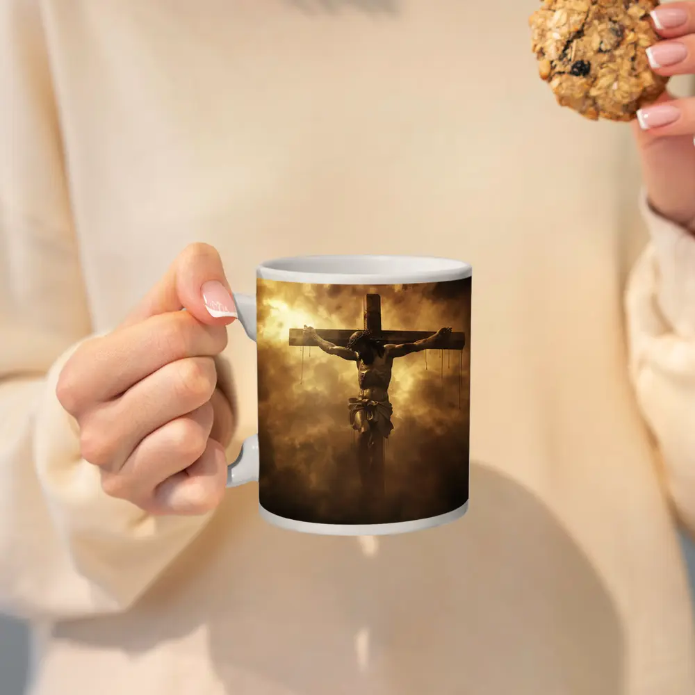 Jesus Christ Crucifixion Dramatic Golden Clouds – Mugs