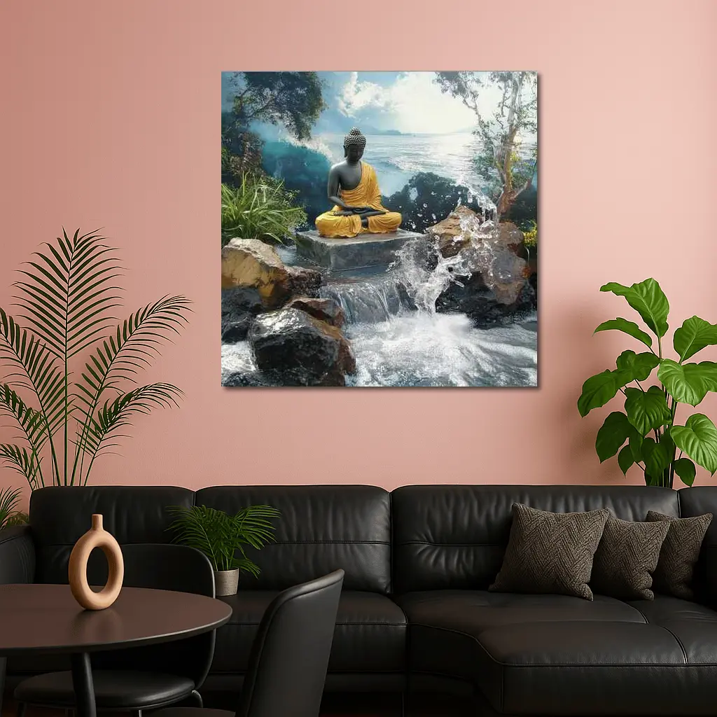Buddha Statue Waterfall Ocean Tropical Setting – Wall Art