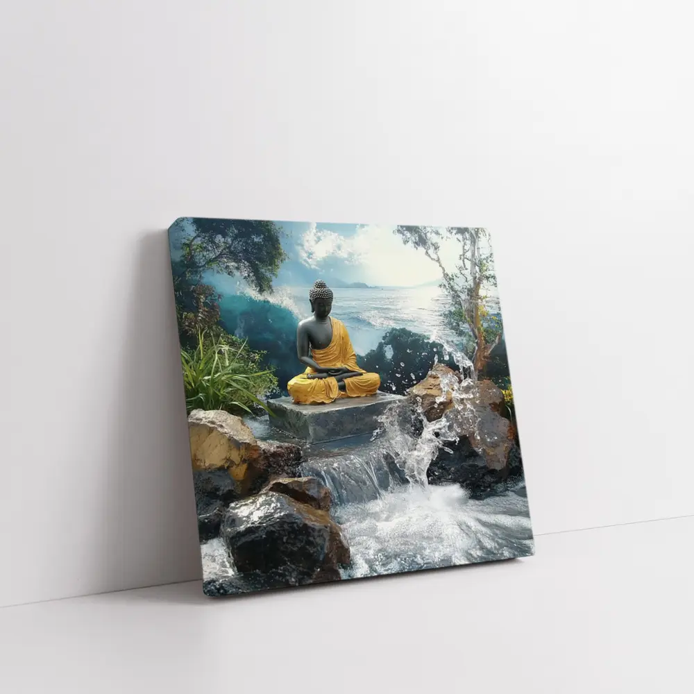 Buddha Statue Waterfall Ocean Tropical Setting – Wall Art