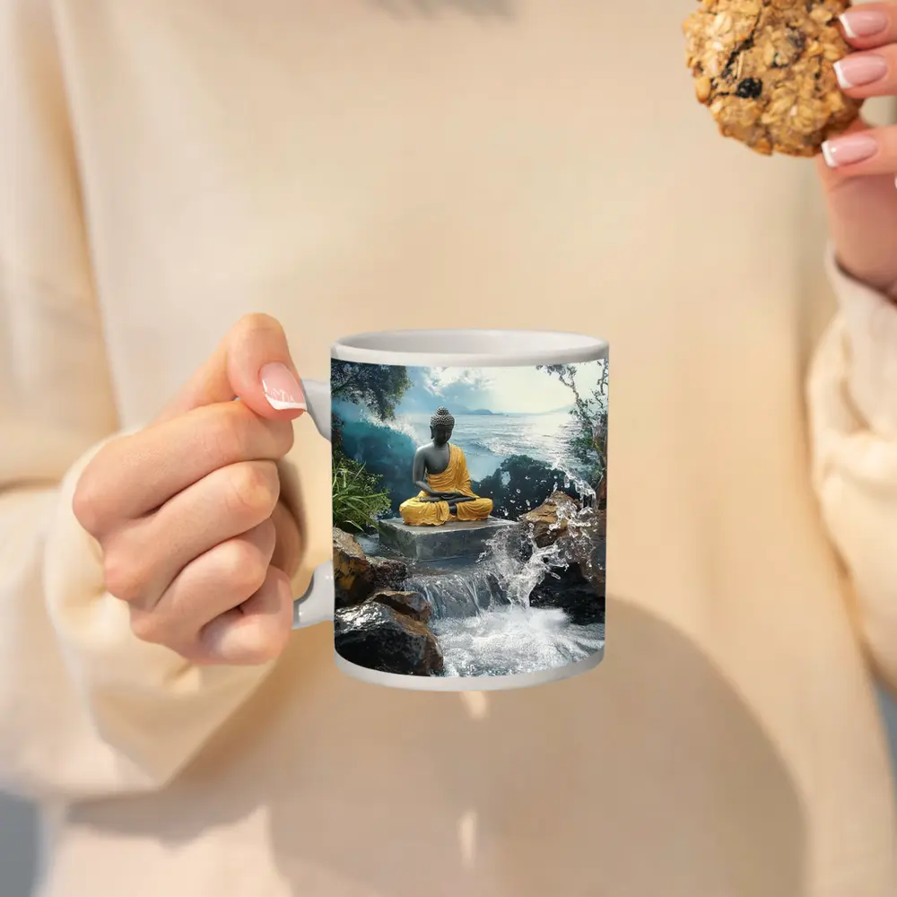 Buddha Statue Waterfall Ocean Tropical Setting – Mugs