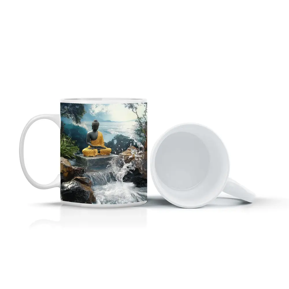 Buddha Statue Waterfall Ocean Tropical Setting – Mugs
