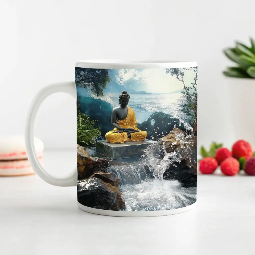 Buddha Statue Waterfall Ocean Tropical Setting – Mugs