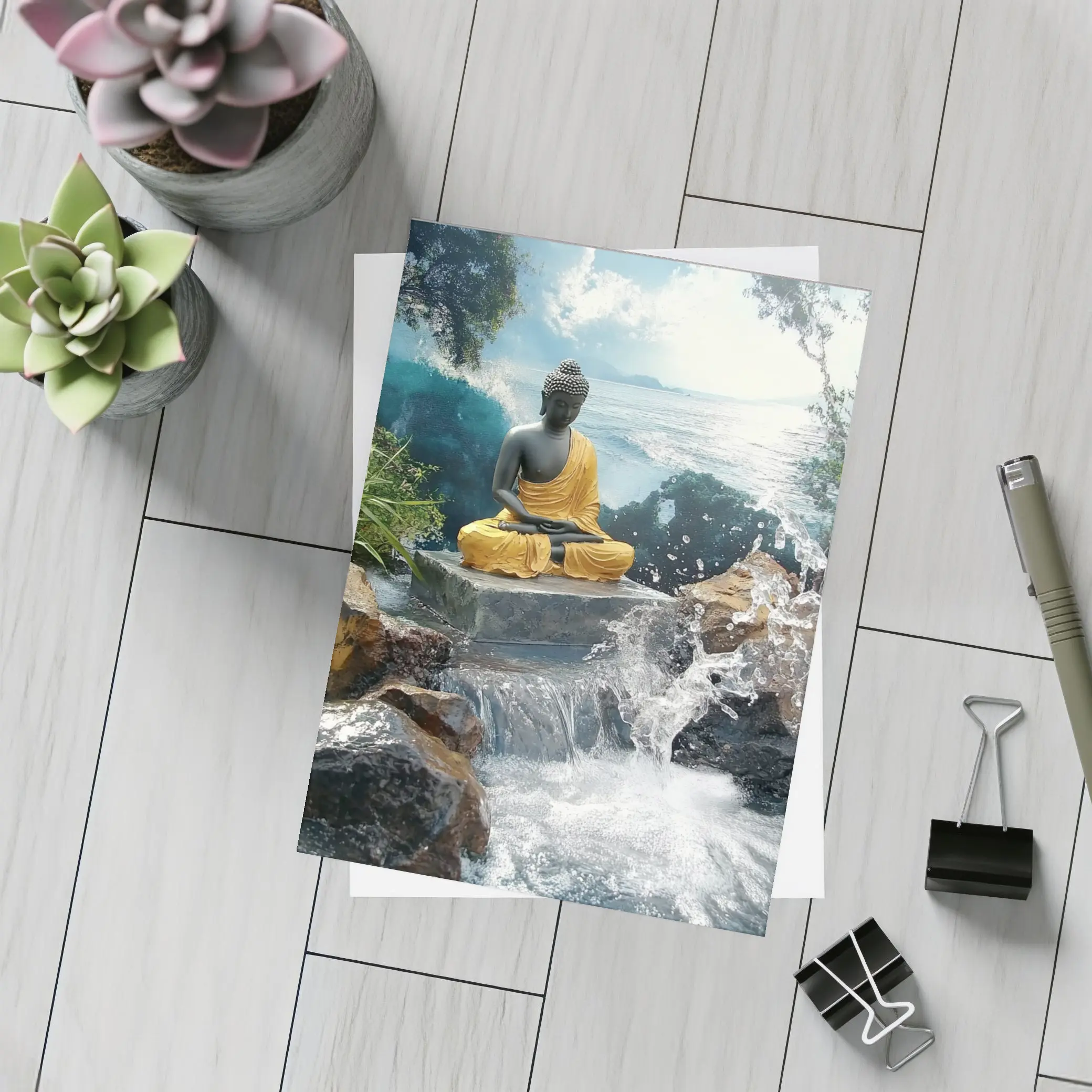 Buddha Statue Waterfall Ocean Tropical Setting – Postcards