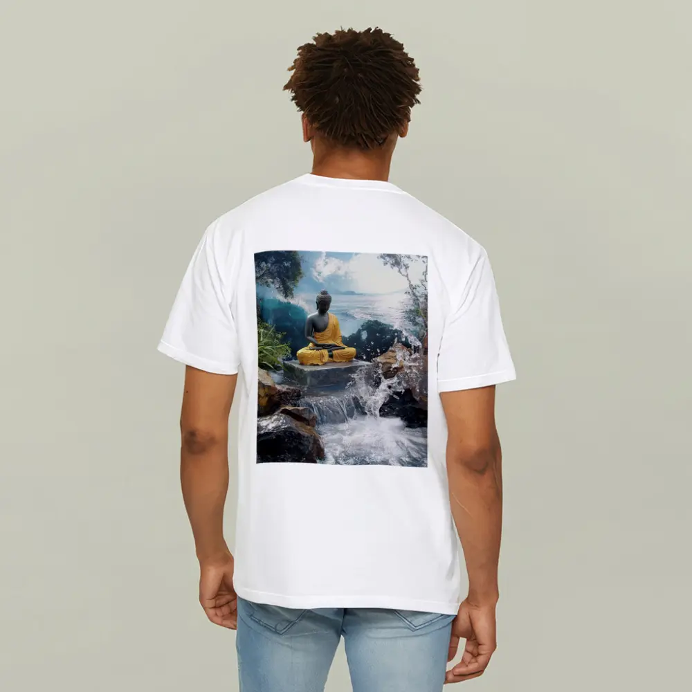 Buddha Statue Waterfall Ocean Tropical Setting – T-Shirts
