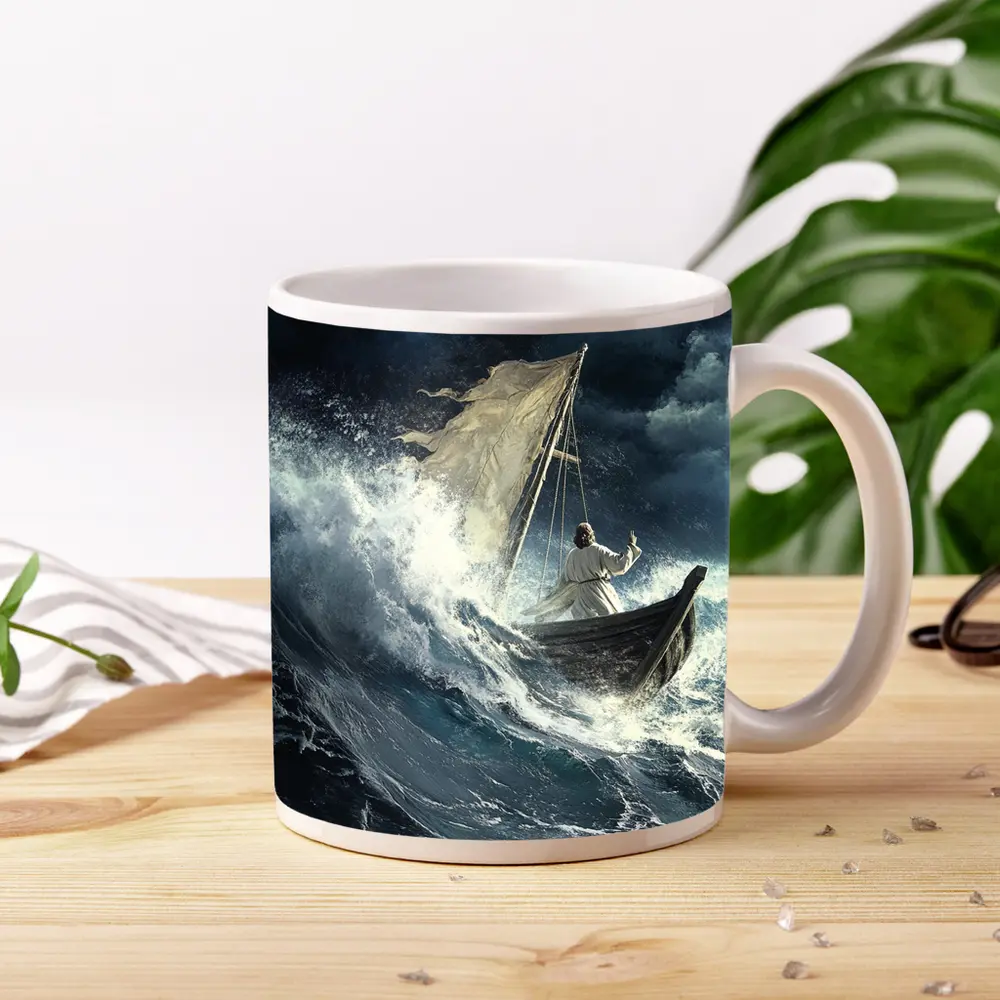 Jesus Calming Storm Raging Sea Waves – Mugs