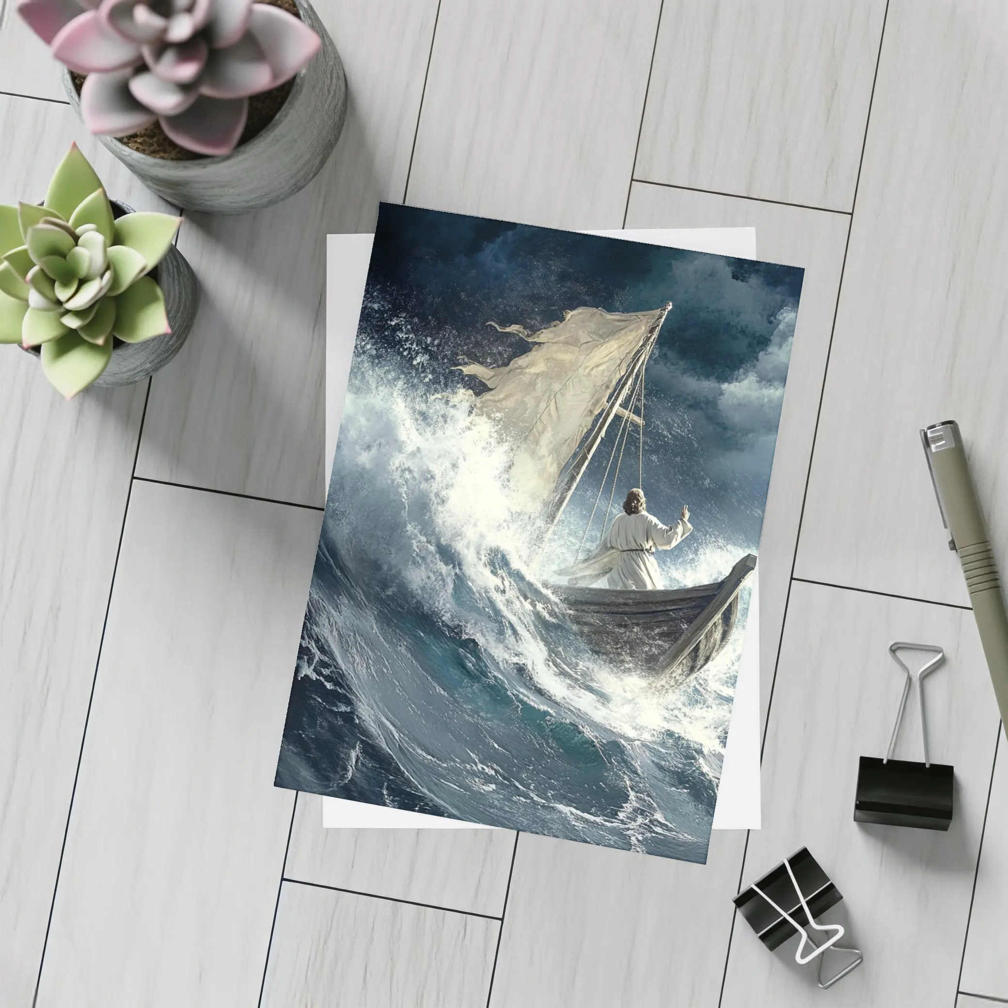 Jesus Calming Storm Raging Sea Waves – Postcards