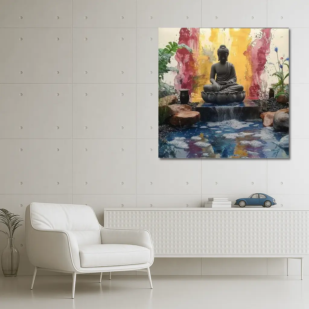 Buddha Statue Lotus Waterfall Colorful Abstract – Wall Art