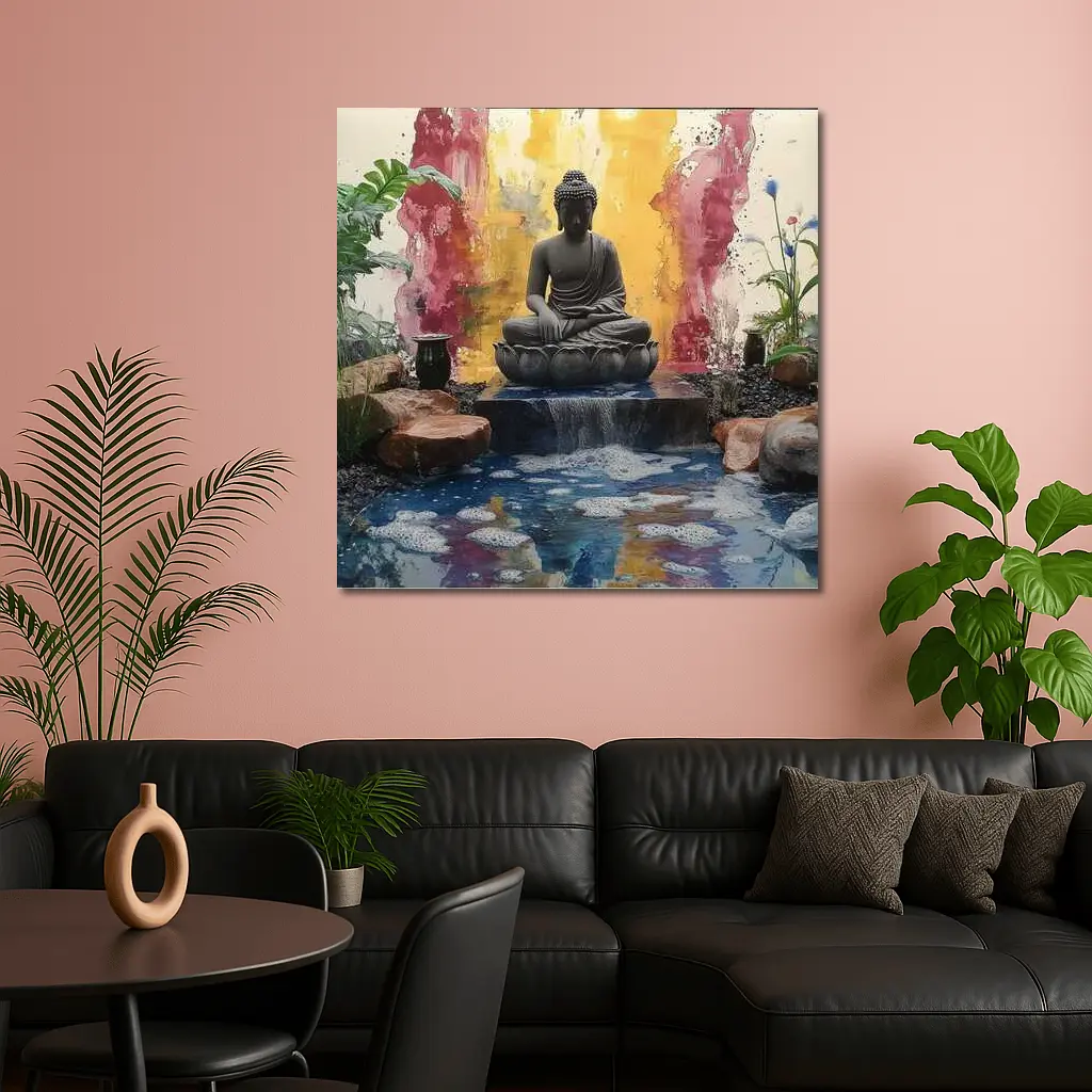 Buddha Statue Lotus Waterfall Colorful Abstract – Wall Art