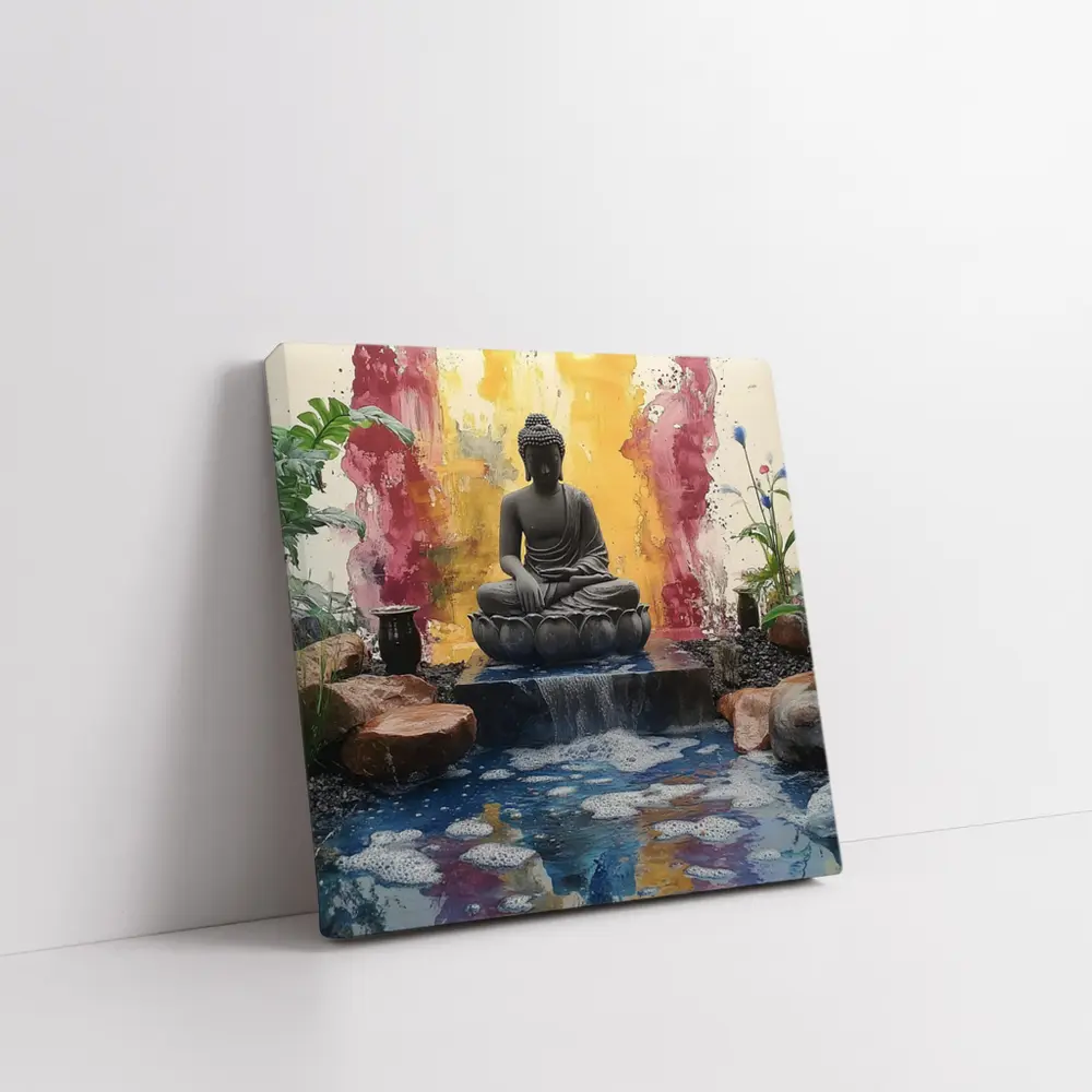 Buddha Statue Lotus Waterfall Colorful Abstract – Wall Art