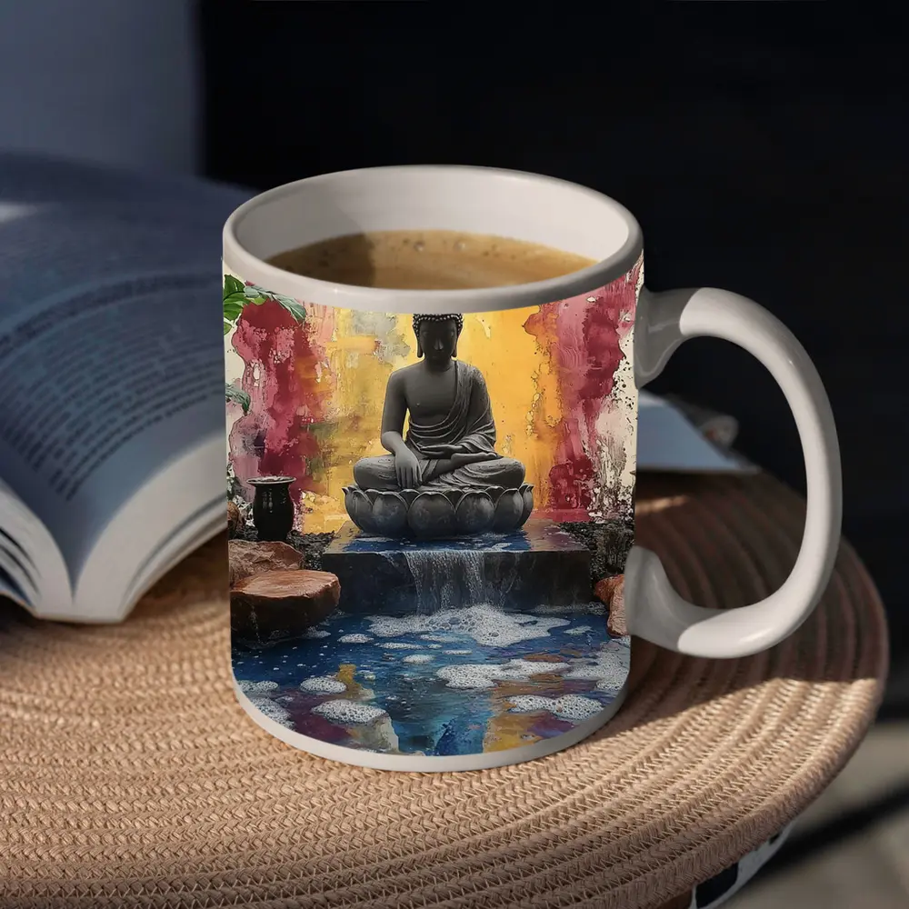 Buddha Statue Lotus Waterfall Colorful Abstract – Mugs