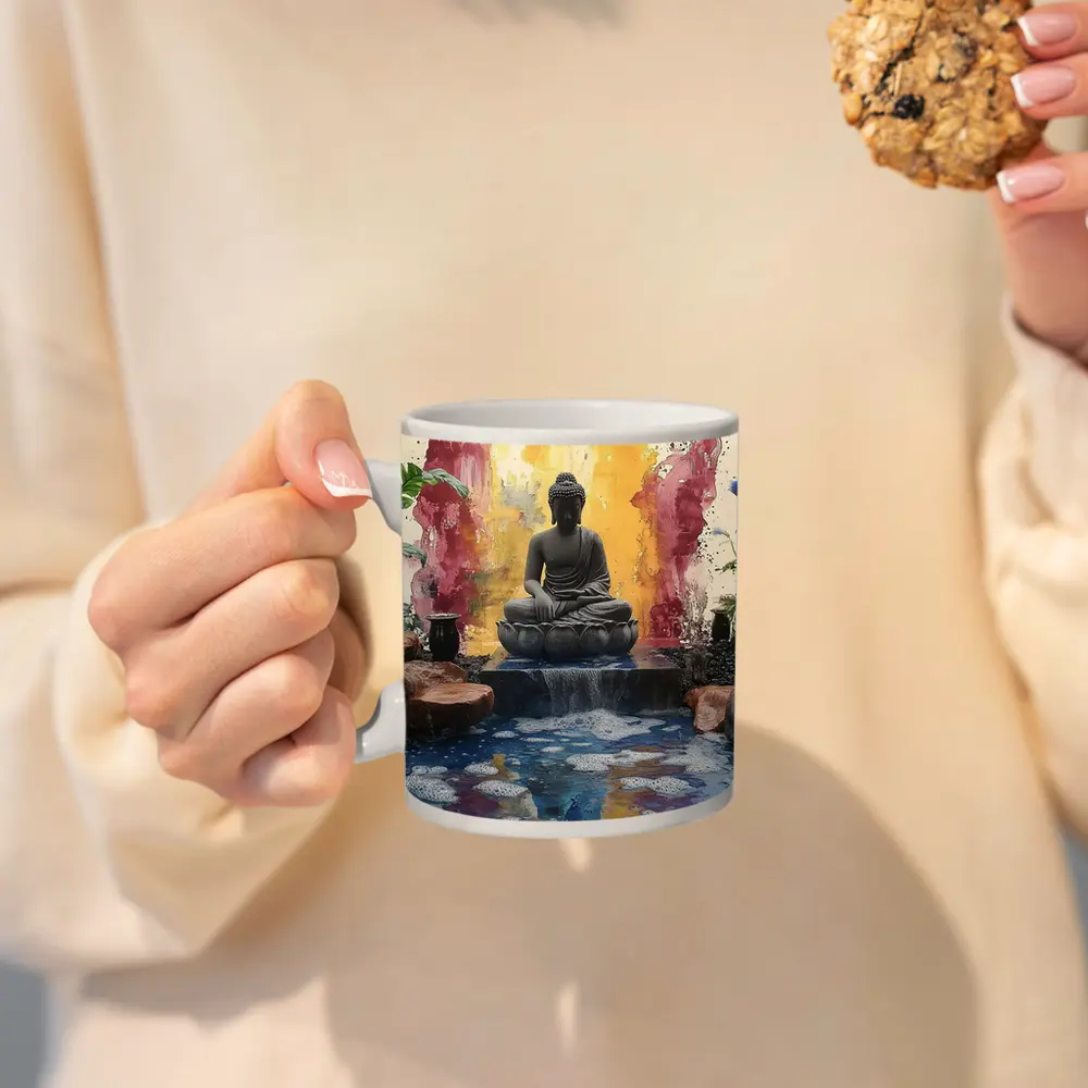 Buddha Statue Lotus Waterfall Colorful Abstract – Mugs