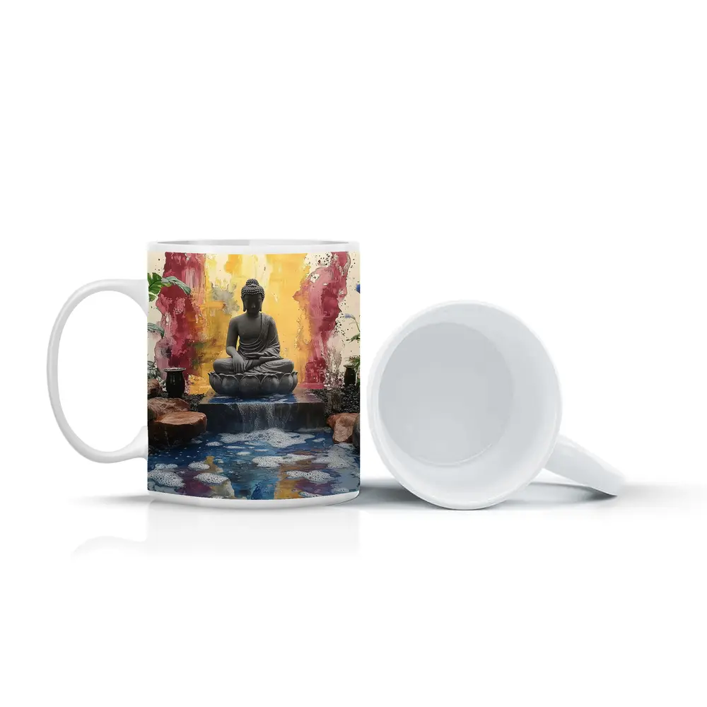 Buddha Statue Lotus Waterfall Colorful Abstract – Mugs