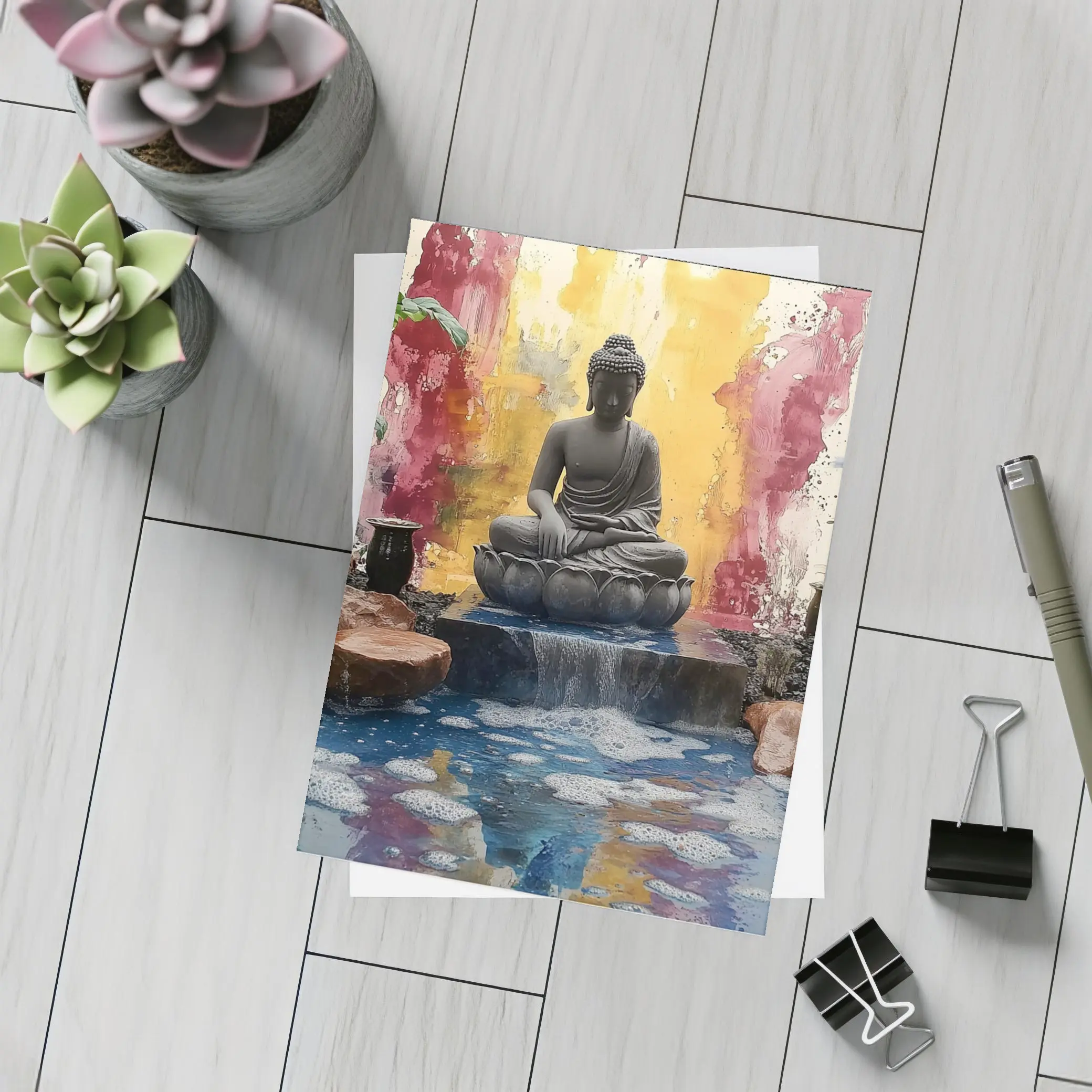 Buddha Statue Lotus Waterfall Colorful Abstract – Postcards
