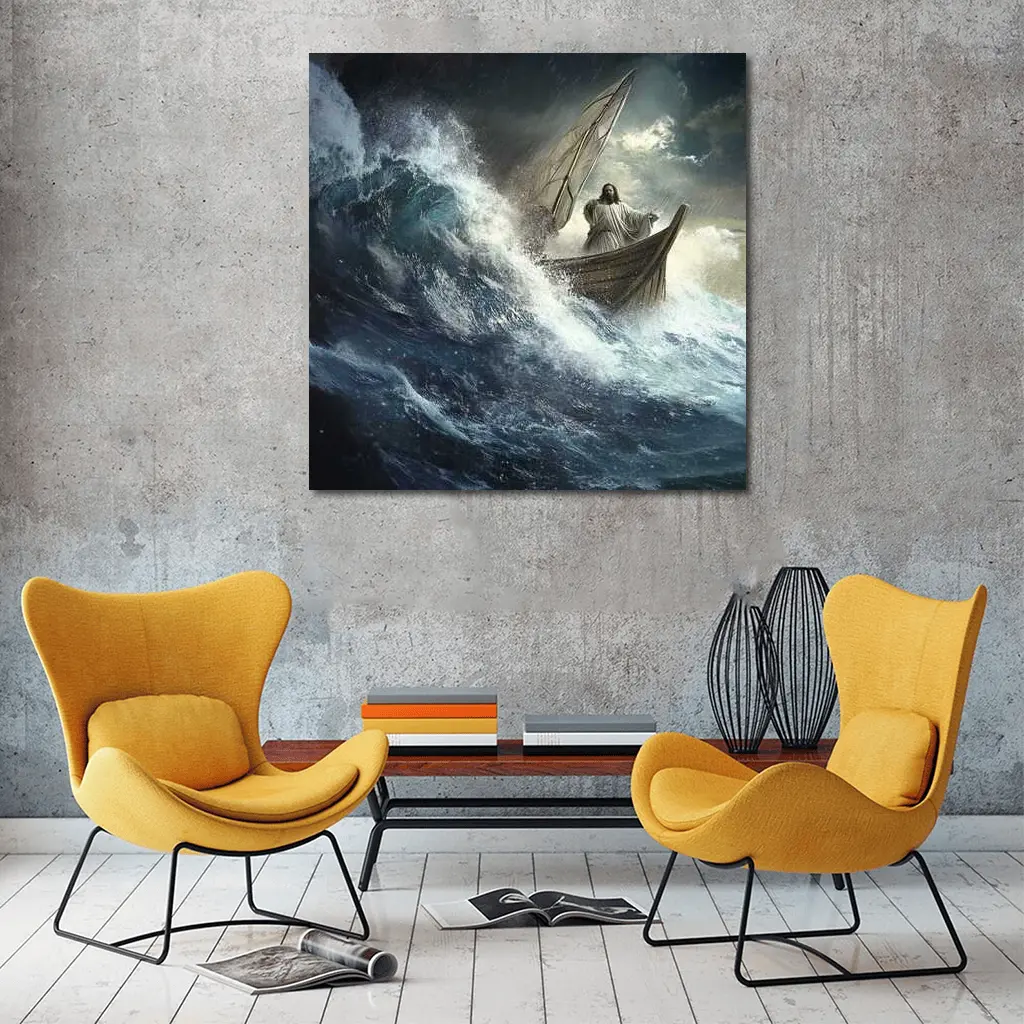 Jesus Standing on Boat in Stormy Sea – Wall Art