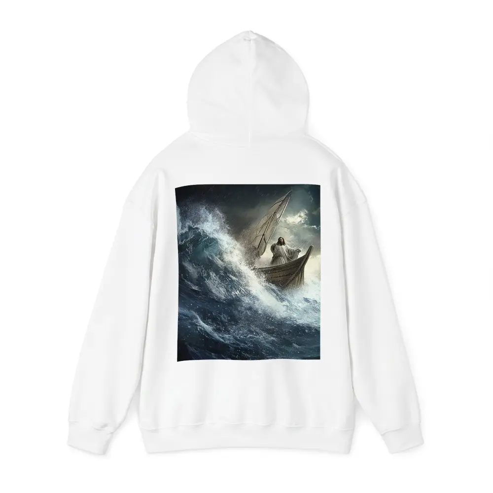 Jesus Standing on Boat in Stormy Sea – Hoodies