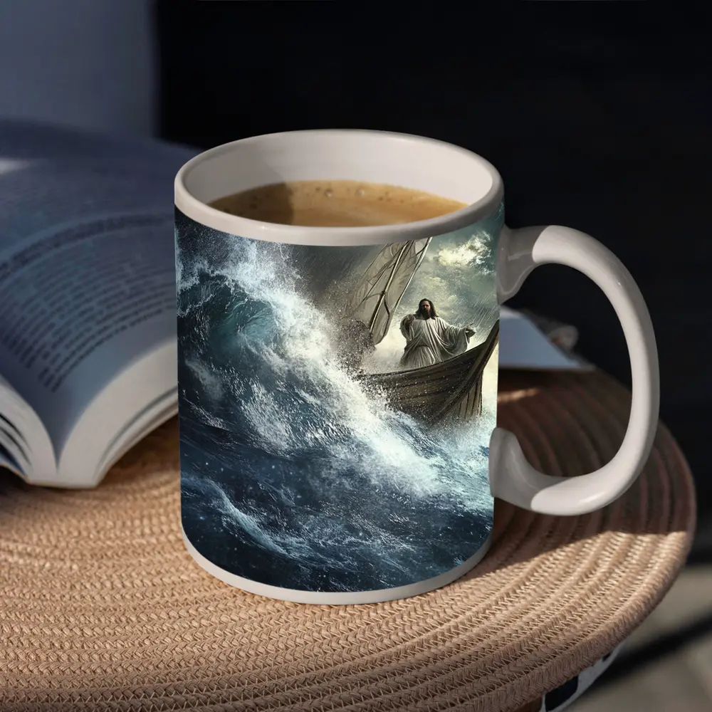 Jesus Standing on Boat in Stormy Sea – Mugs