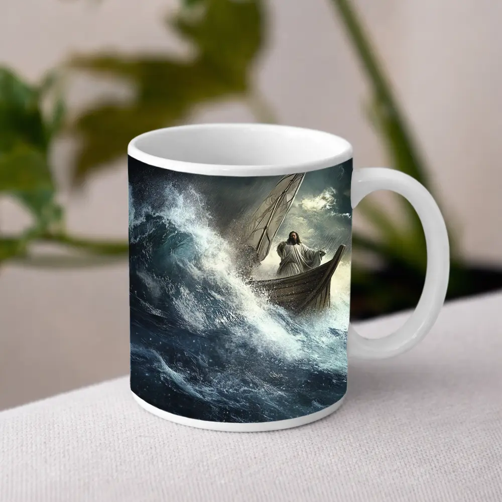 Jesus Standing on Boat in Stormy Sea – Mugs