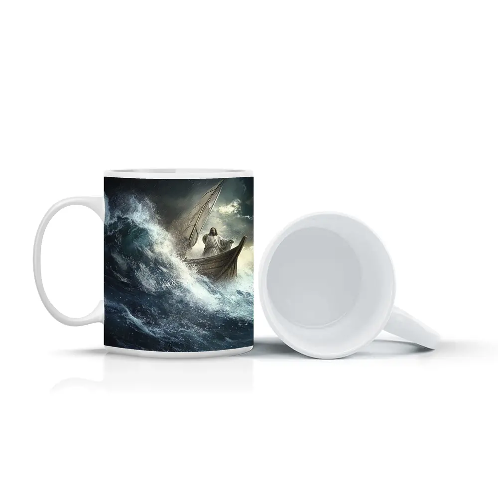 Jesus Standing on Boat in Stormy Sea – Mugs