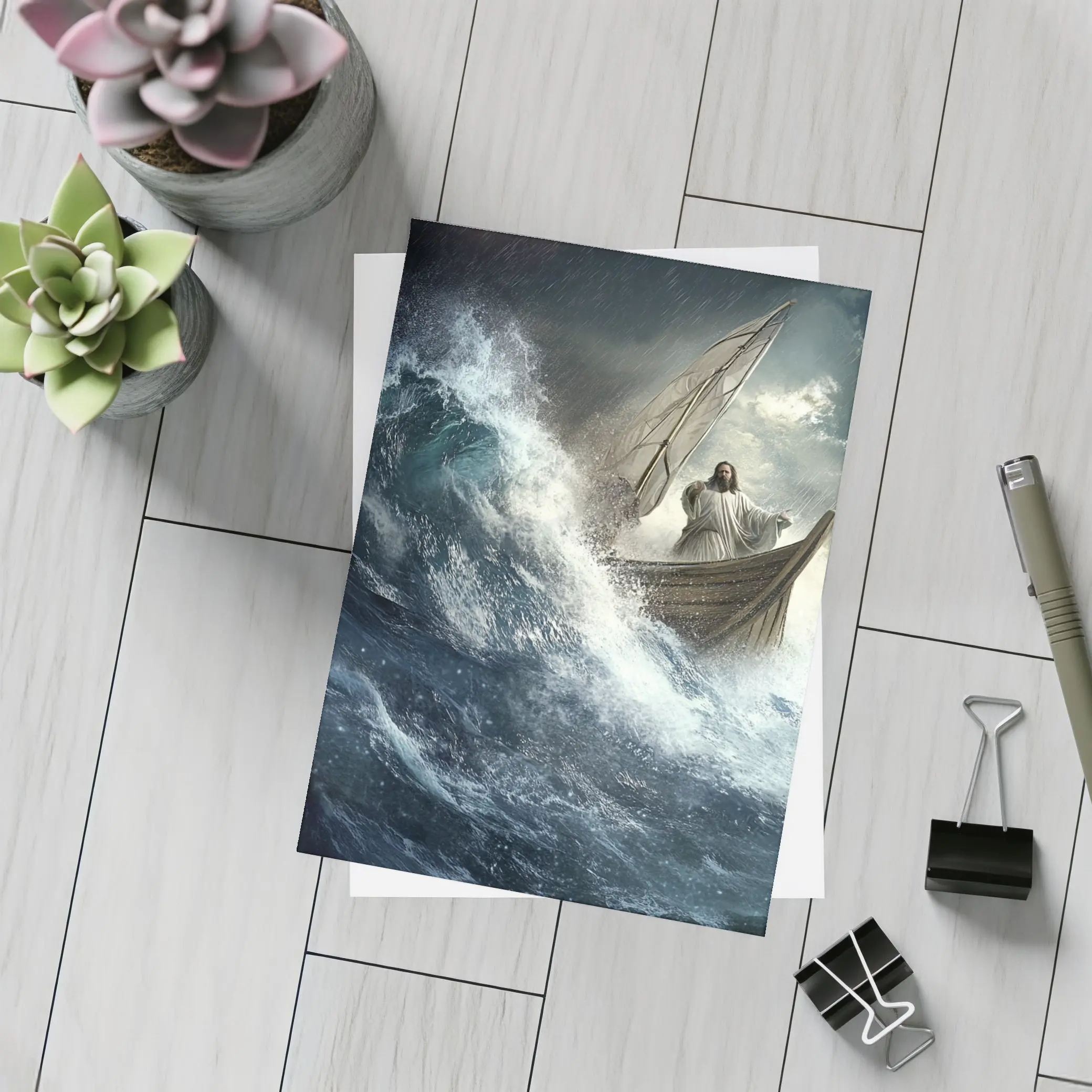 Jesus Standing on Boat in Stormy Sea – Postcards