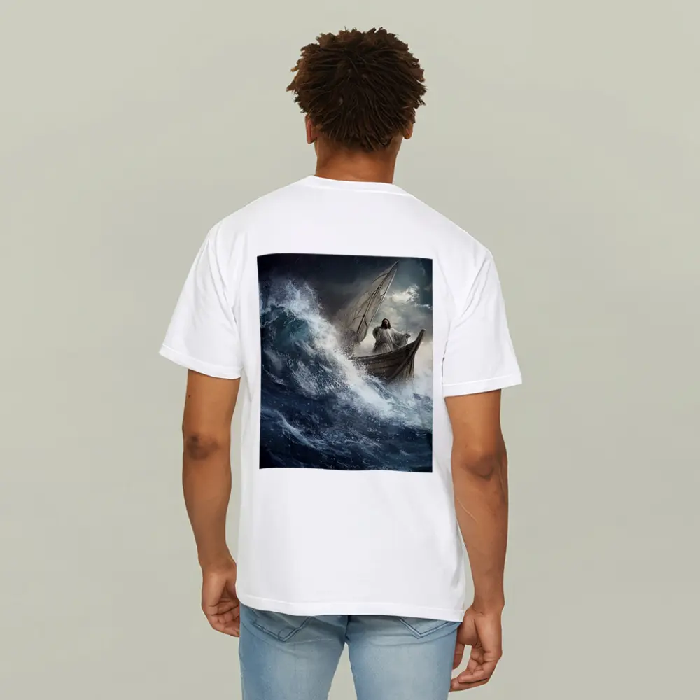 Jesus Standing on Boat in Stormy Sea – T-Shirts