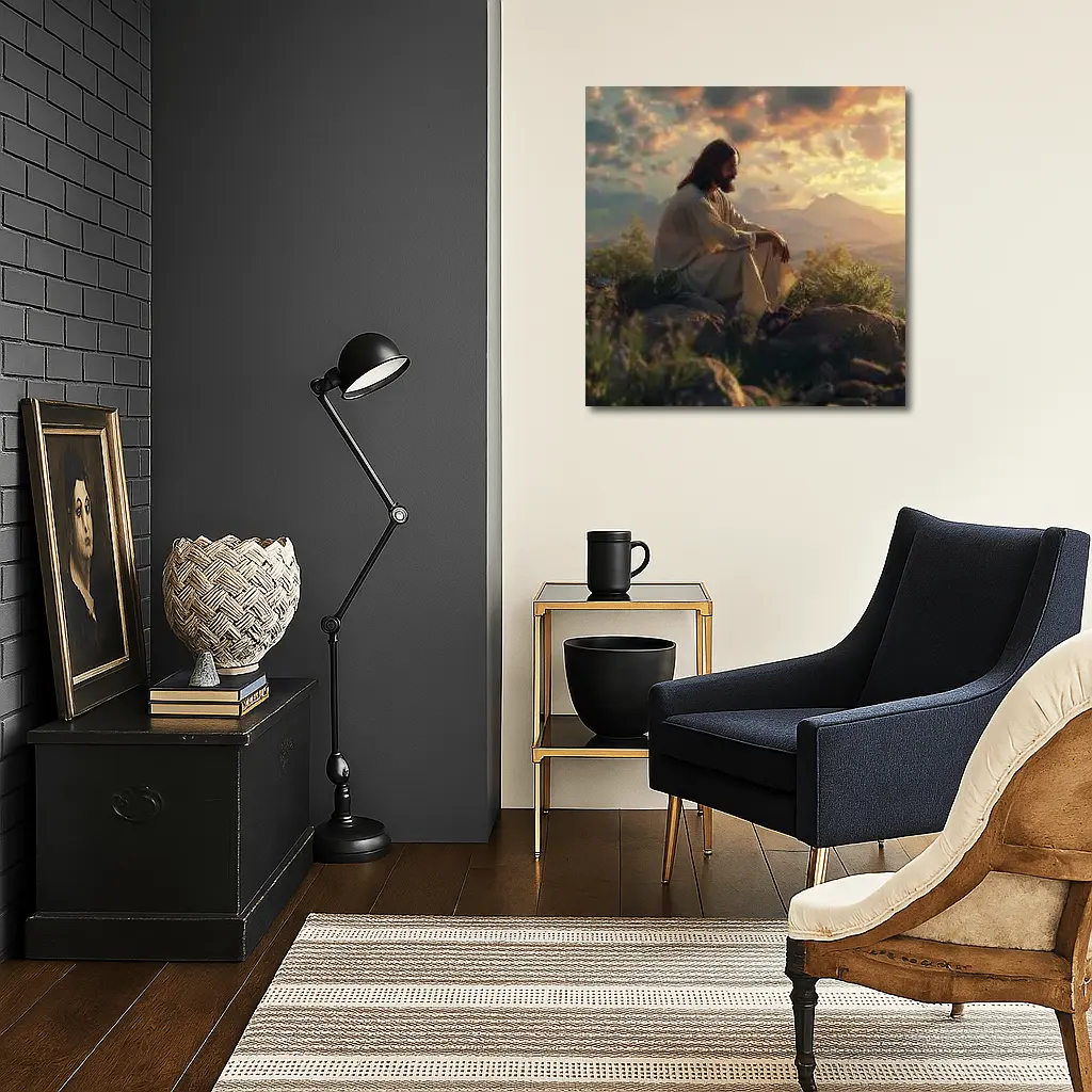 Jesus Sitting on Rocks at Sunset – Wall Art